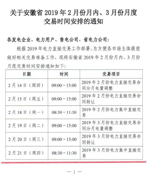  安徽2019年2月份月內(nèi)、3月份月度交易時間安排