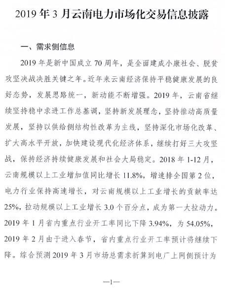 云南2019年03月電力市場化交易信息披露:省內市場可競價電量72億千瓦時