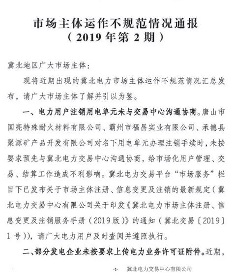 冀北電力市場(chǎng)主體運(yùn)作不規(guī)范情況通報(bào)(2019年第2期)