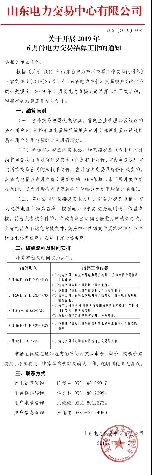山東開展2019年6月份電力交易結算工作