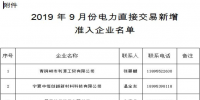 內蒙古2019年9月份電力直接交易新增準入企業名單